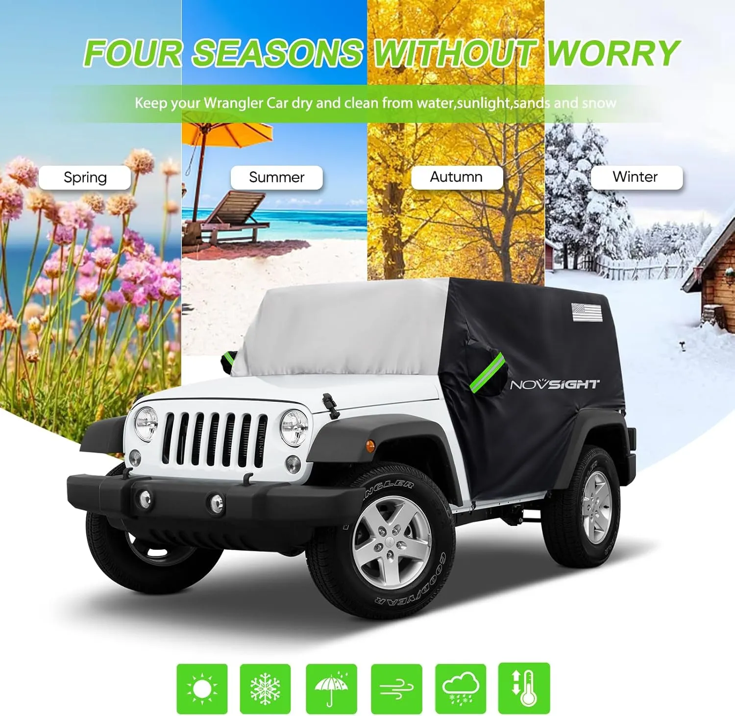 NOVSIGHT Cover for Jeep Wrangler - 4 Doors 1987-2023 JK JKU JL JLU,NOVSIGHT All Weather Half Car Covers for Wrangler 4 Door with 3 Straps, Anti-UV Windproof Rain-Proof Auto Cover with Storage Bag