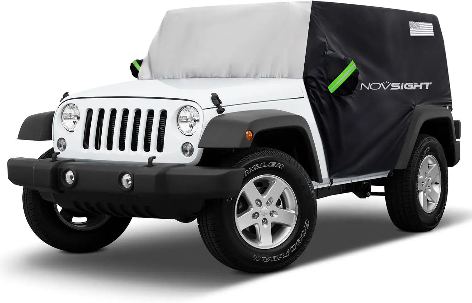 NOVSIGHT Cover for Jeep Wrangler - 4 Doors 1987-2023 JK JKU JL JLU,NOVSIGHT All Weather Half Car Covers for Wrangler 4 Door with 3 Straps, Anti-UV Windproof Rain-Proof Auto Cover with Storage Bag