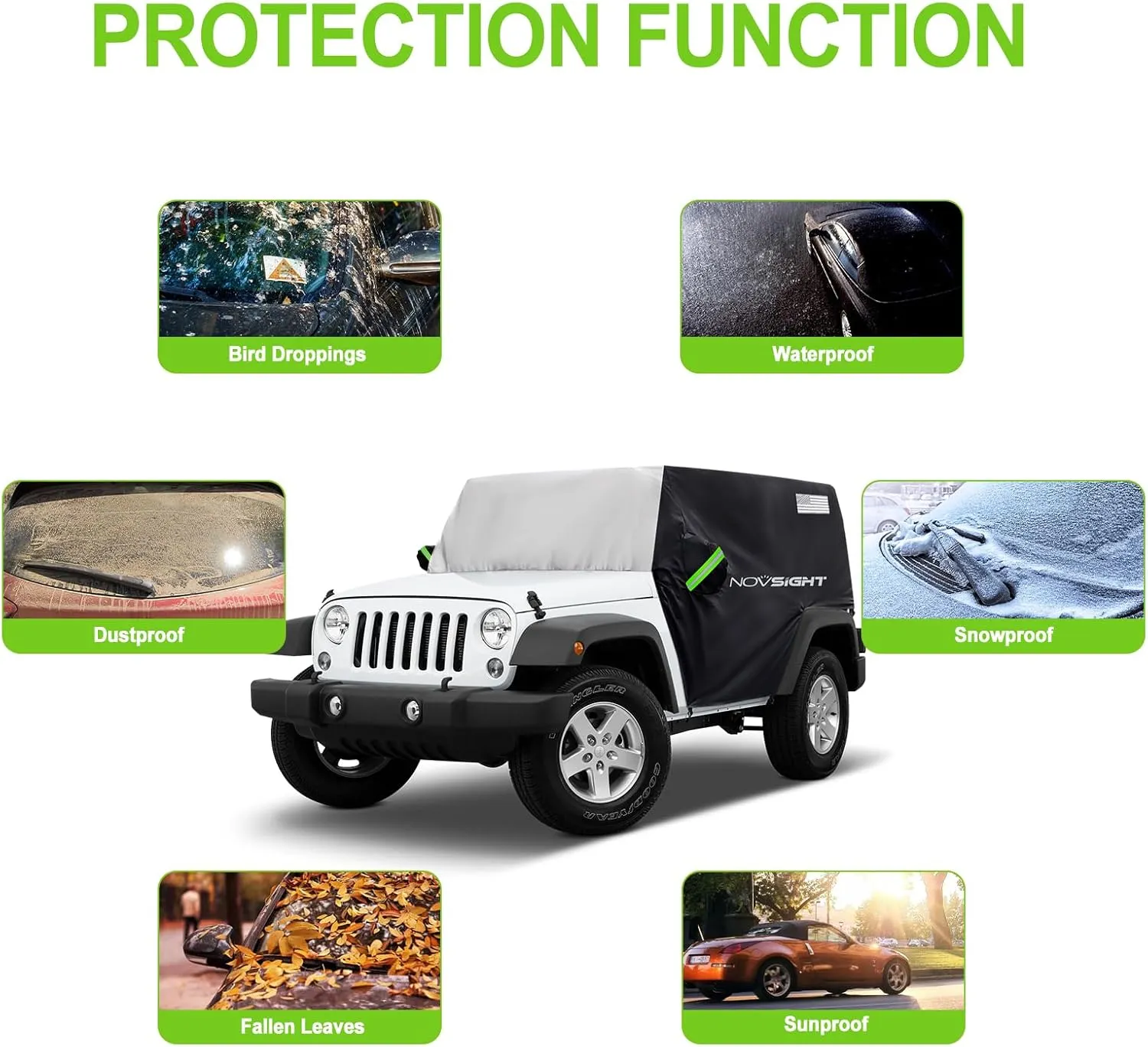 NOVSIGHT Cover for Jeep Wrangler - 4 Doors 1987-2023 JK JKU JL JLU,NOVSIGHT All Weather Half Car Covers for Wrangler 4 Door with 3 Straps, Anti-UV Windproof Rain-Proof Auto Cover with Storage Bag