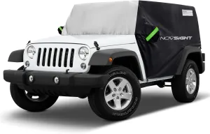NOVSIGHT Cover for Jeep Wrangler - 4 Doors 1987-2023 JK JKU JL JLU,NOVSIGHT All Weather Half Car Covers for Wrangler 4 Door with 3 Straps, Anti-UV Windproof Rain-Proof Auto Cover with Storage Bag