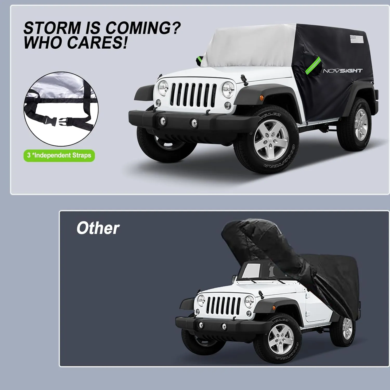 NOVSIGHT Cover for Jeep Wrangler - 4 Doors 1987-2023 JK JKU JL JLU,NOVSIGHT All Weather Half Car Covers for Wrangler 4 Door with 3 Straps, Anti-UV Windproof Rain-Proof Auto Cover with Storage Bag