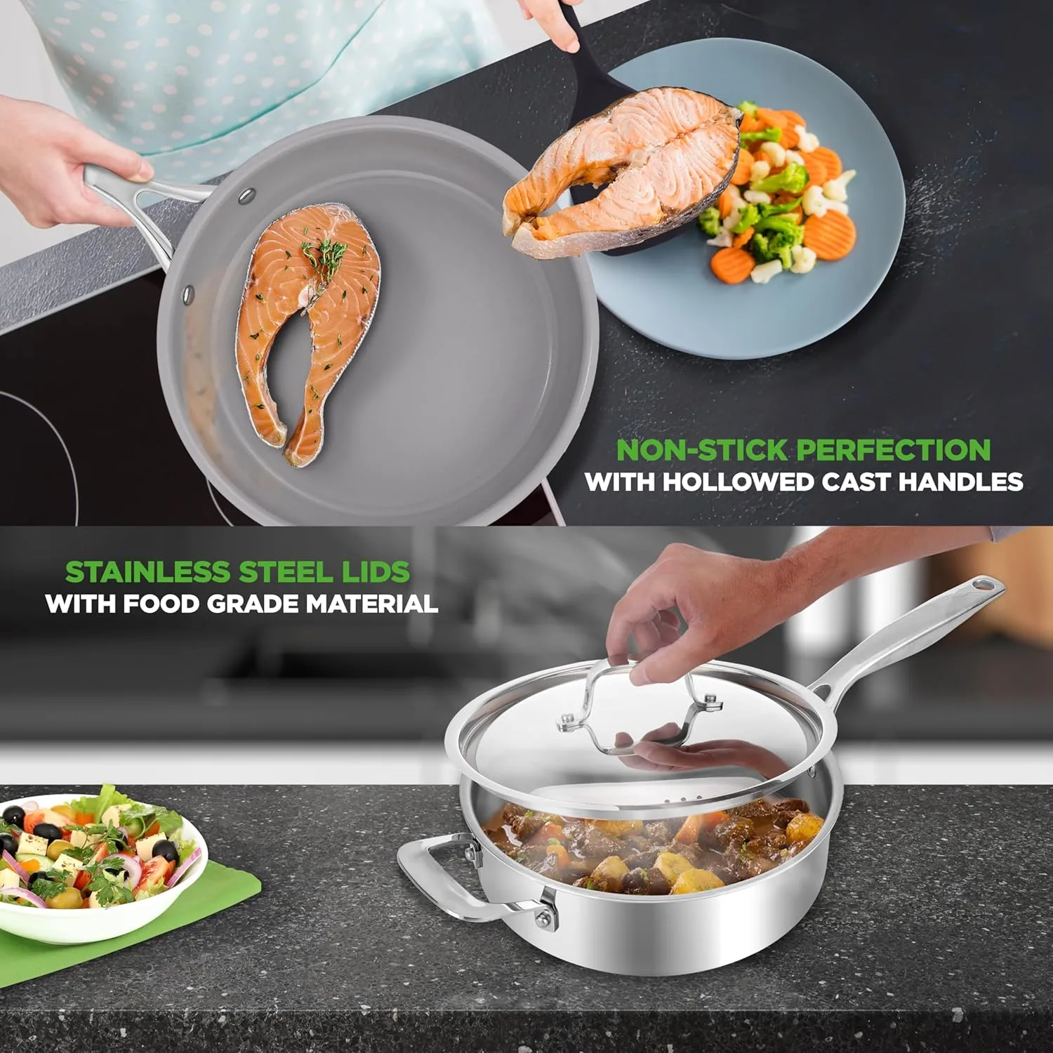 NutriChef 12-Piece Professional Stainless Steel Cookware Set – Tri-Ply Pots, Ceramic Non-Stick Fry Pans, Induction Compatible, Strong Riveted Handles, Dishwasher Safe