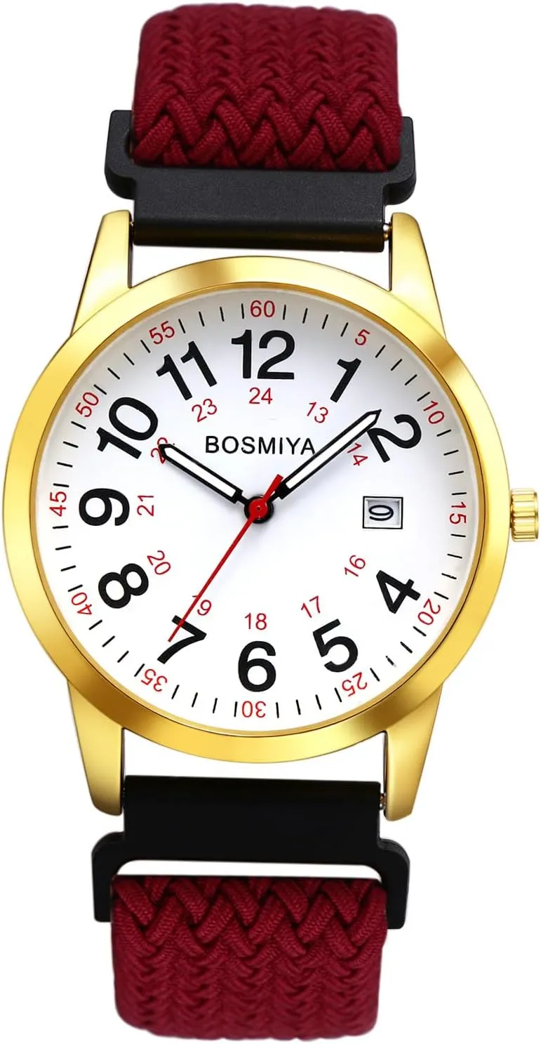OIDEA Braided Elastic Nurse Watch for Medical: 12/24 Hour Military Time Day Date Easy Read Casual Analog Watch