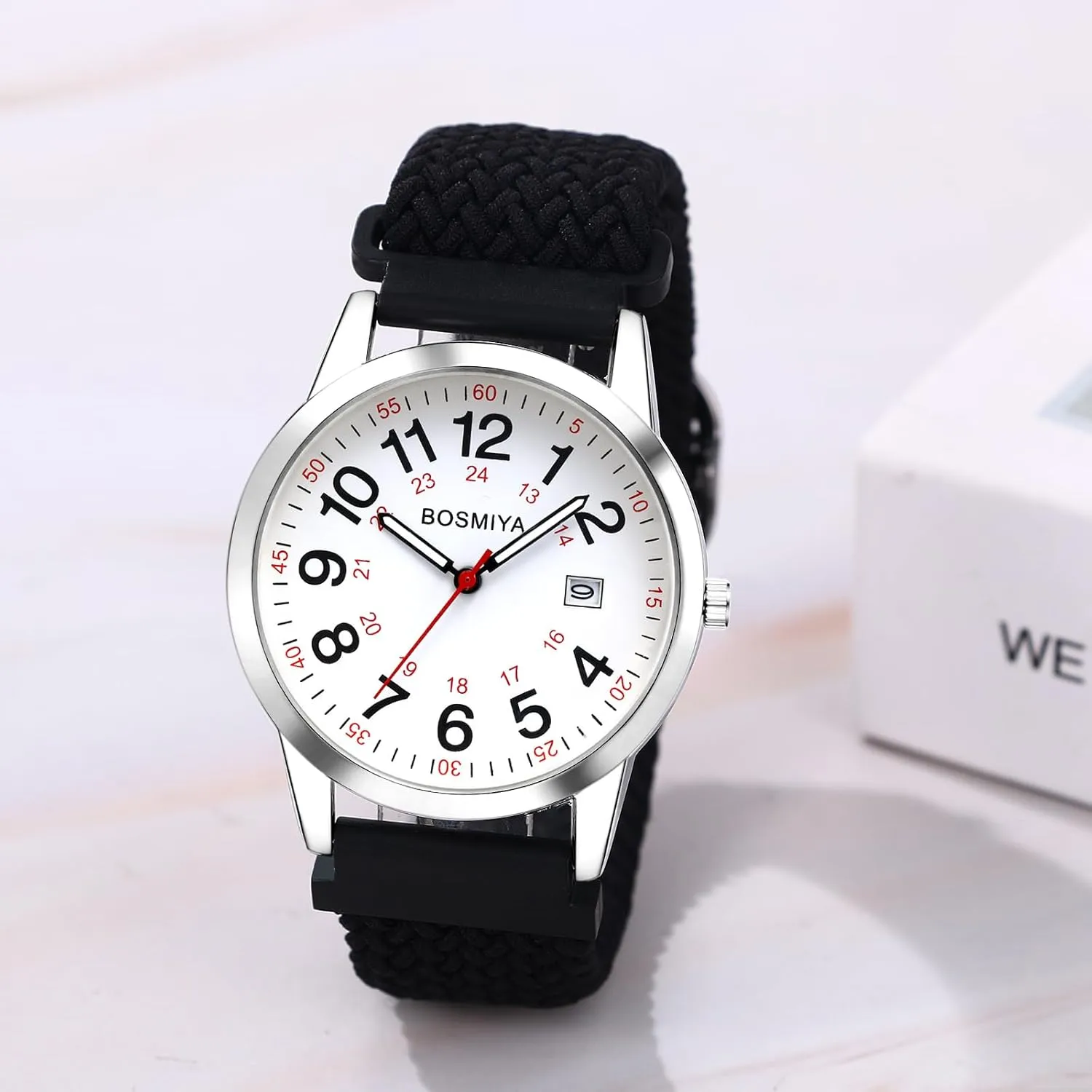 OIDEA Braided Elastic Nurse Watch for Medical: 12/24 Hour Military Time Day Date Easy Read Casual Analog Watch