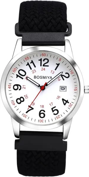 OIDEA Braided Elastic Nurse Watch for Medical: 12/24 Hour Military Time Day Date Easy Read Casual Analog Watch