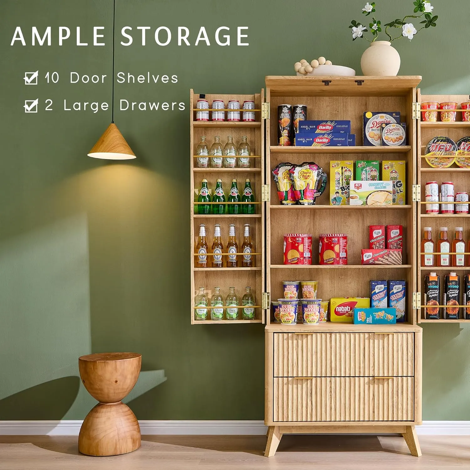 OKD Fluted Pantry Cabinet, Modern Kitchen Hutch, 72" Tall Storage Cabinet with 10 Door Shelves & 2 Drawers, Wood Cupboard for Kitchen & Living Room, Natrual Oak