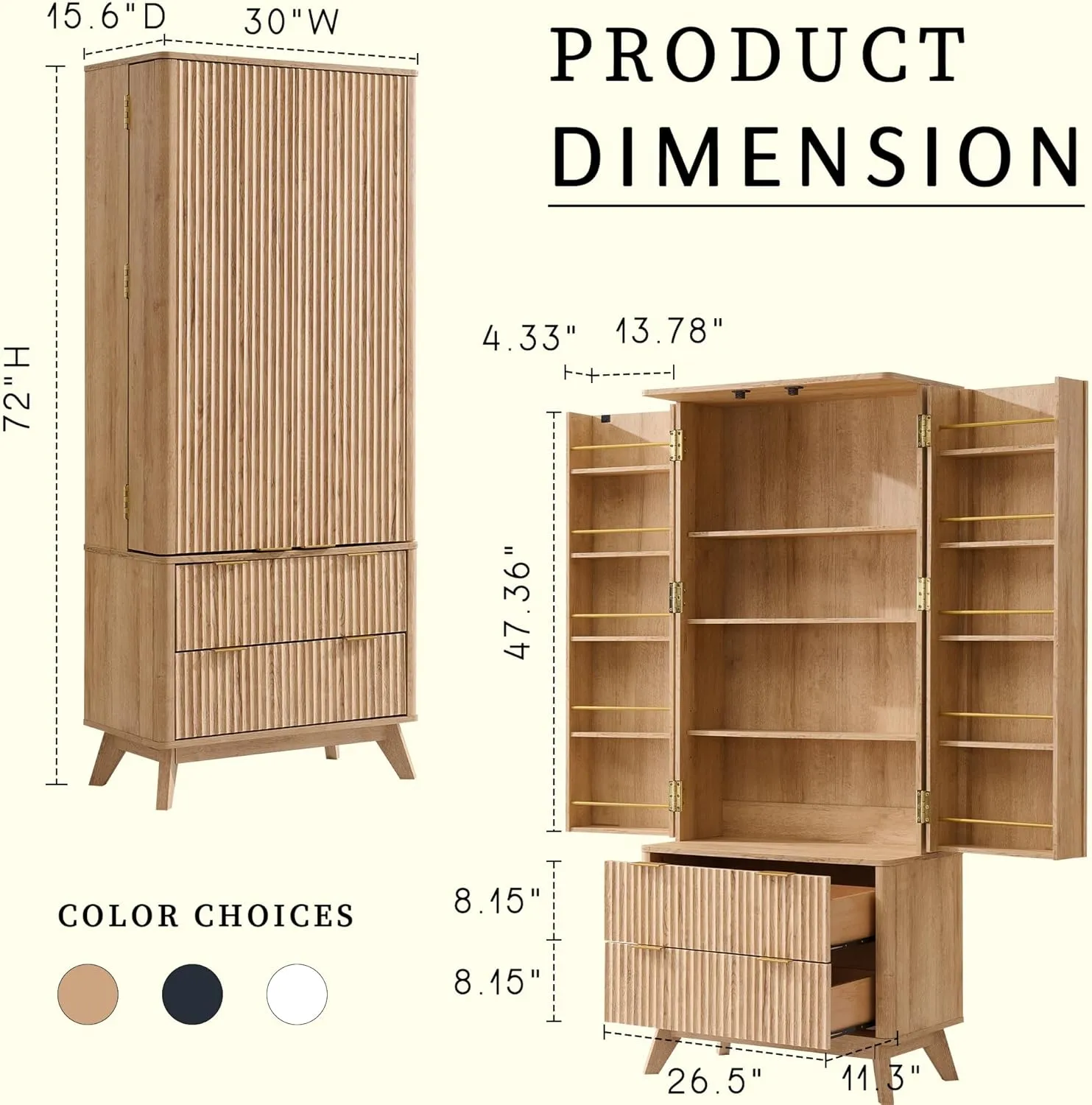 OKD Fluted Pantry Cabinet, Modern Kitchen Hutch, 72" Tall Storage Cabinet with 10 Door Shelves & 2 Drawers, Wood Cupboard for Kitchen & Living Room, Natrual Oak