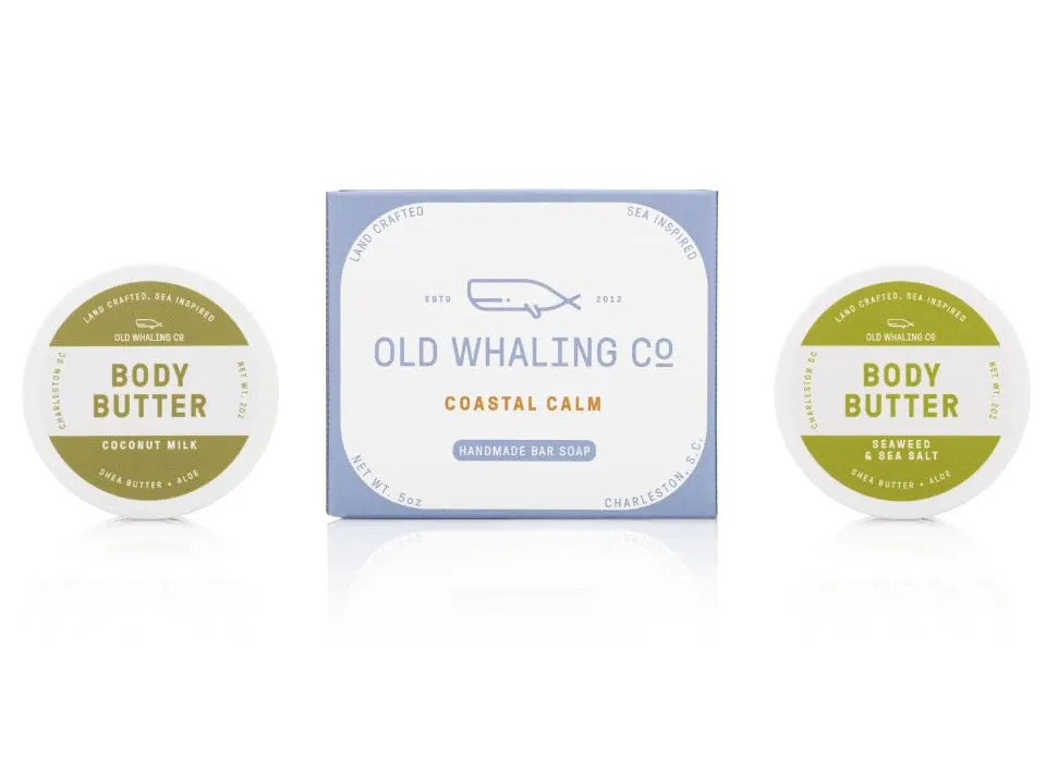 Old Whaling Co Seaside Discovery Kit | set of 3 products | 3 sea-inspired scents | travel friendly | bar soap   2 travel size body butters | Coconut Milk | Coastal Calm | Seaweed & Sea Salt