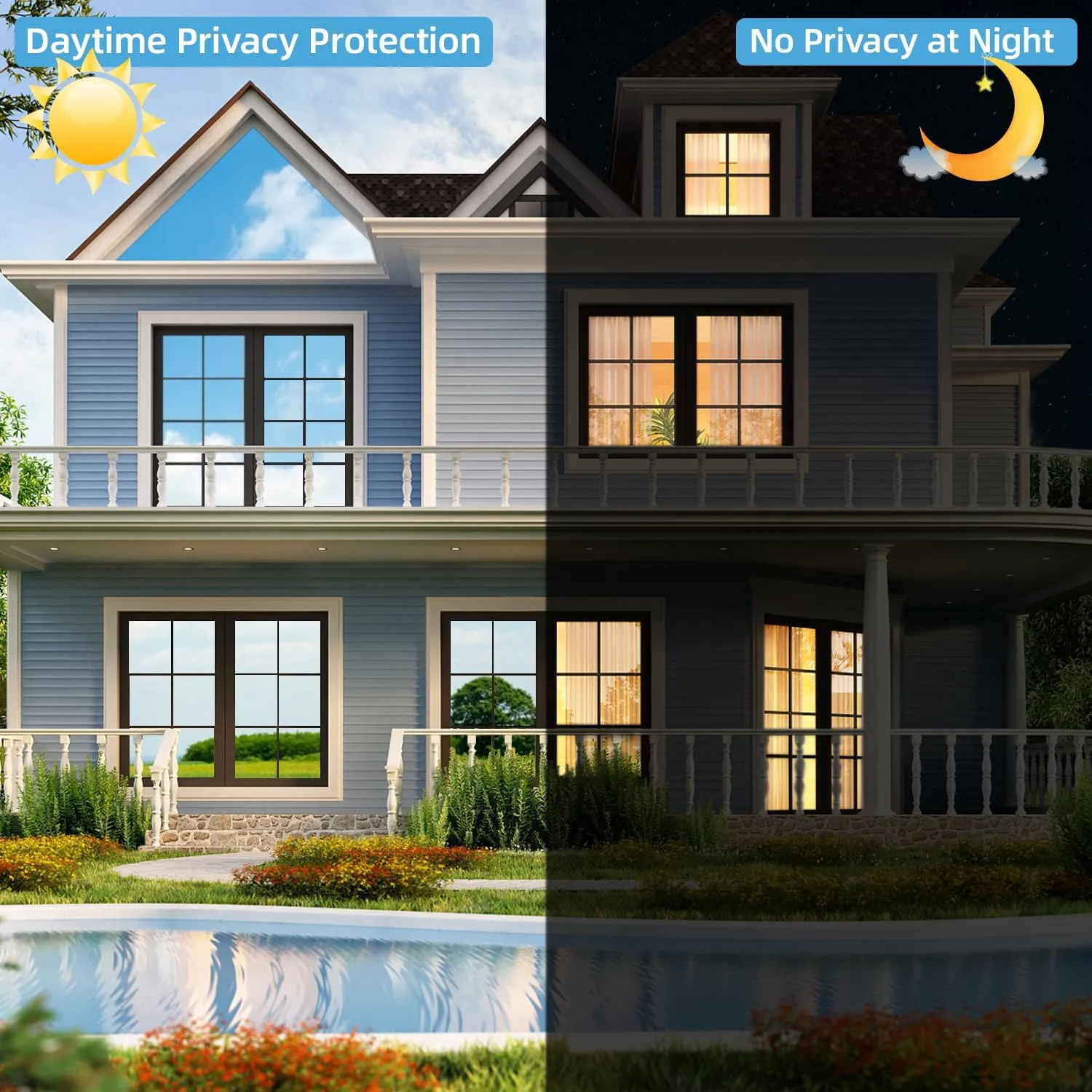 One Way Privacy Window Film Sun Blocking, Heat Blocking Window Tint for Home See Out But Not in, Static Cling & Anti UV, Black-Silver,17.5 Inch x 196.8 Inch