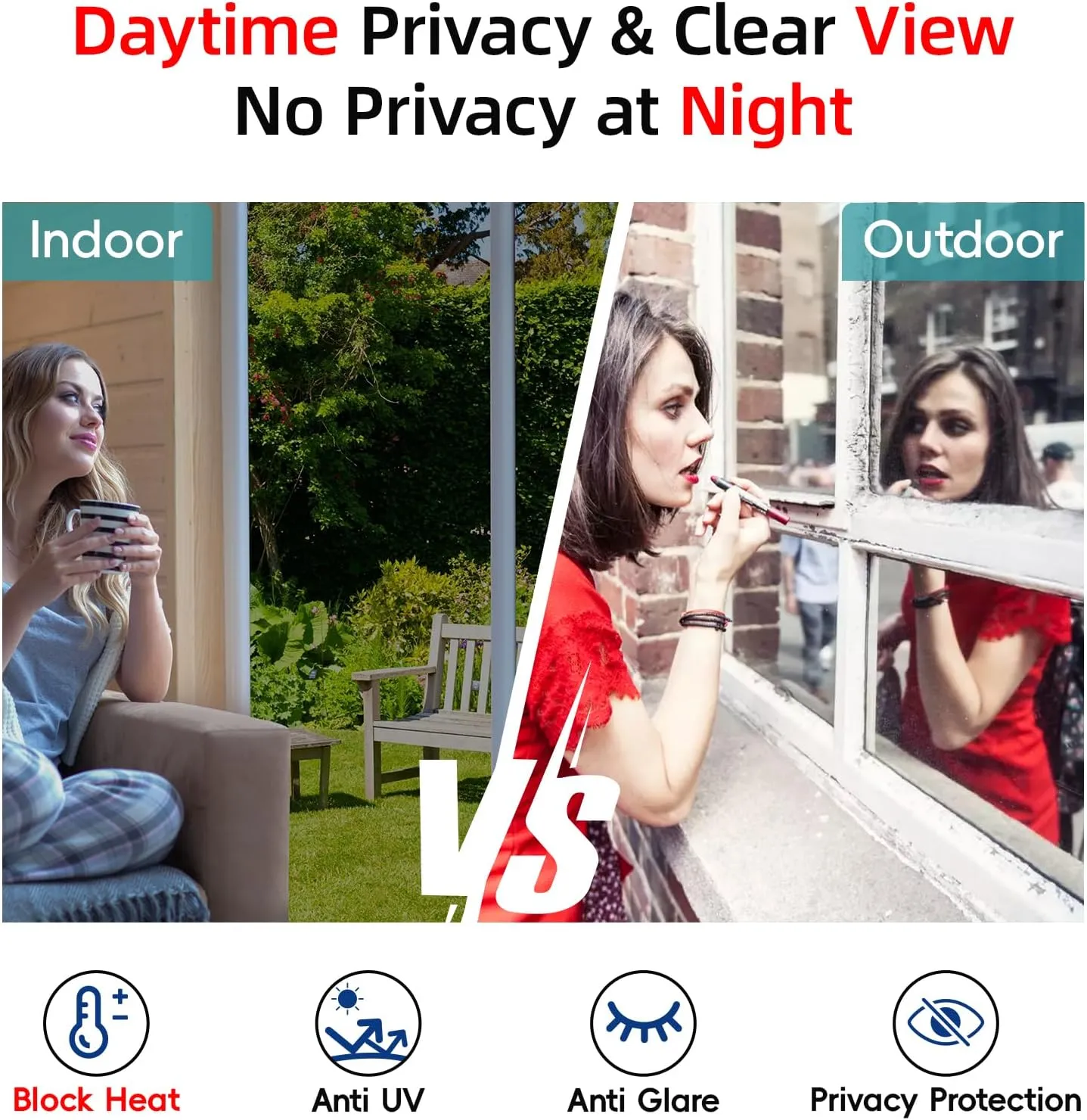 One Way Privacy Window Film Sun Blocking, Heat Blocking Window Tint for Home See Out But Not in, Static Cling & Anti UV, Black-Silver,17.5 Inch x 196.8 Inch