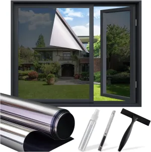 One Way Window Privacy Film, Home Window Tint Reflective Window Film See Out Not in Sun Blocking Anti UV Mirror Window Clings Daytime Privacy Door Window Covering with 3 Tools, 17.5 * 157.5Inch