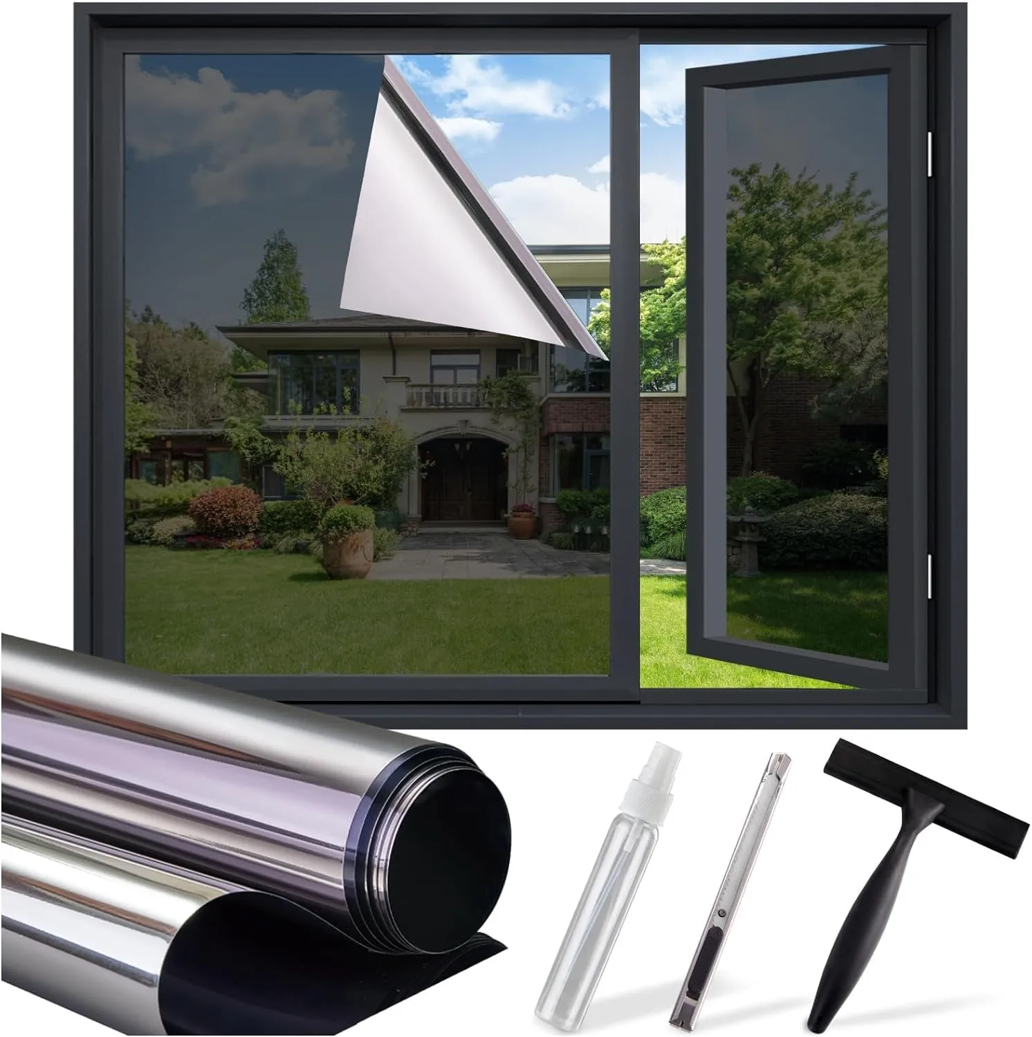 One Way Window Privacy Film, Home Window Tint Reflective Window Film See Out Not in Sun Blocking Anti UV Mirror Window Clings Daytime Privacy Door Window Covering with 3 Tools, 17.5 * 157.5Inch
