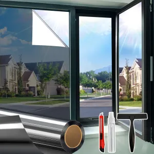 One Way Window Privacy Film See Out Not in, Window Tint for Home, Reflective Mirror Glass Windows Coverings Sun Heat UV Blocking, Black-Silver, 29.5 inch x 78.74"