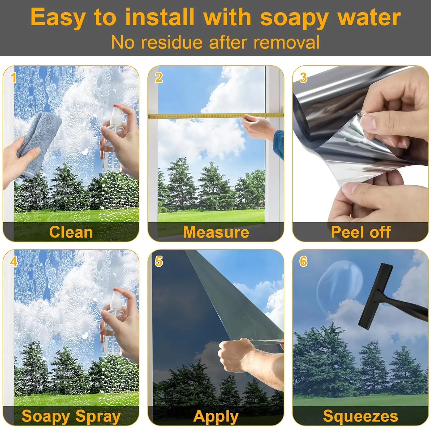 One Way Window Privacy Film See Out Not in, Window Tint for Home, Reflective Mirror Glass Windows Coverings Sun Heat UV Blocking, Black-Silver, 29.5 inch x 78.74"