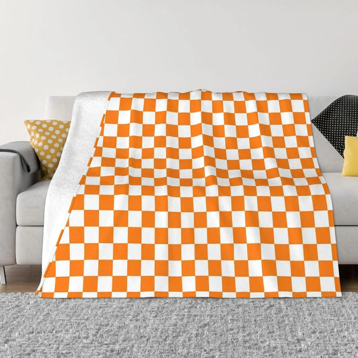 Orange White Checkered Pattern 60"X50" Flannel Blanket - 100% Soft Polyester, Lightweight and Warm, Suitable for Families, Camping, Travel