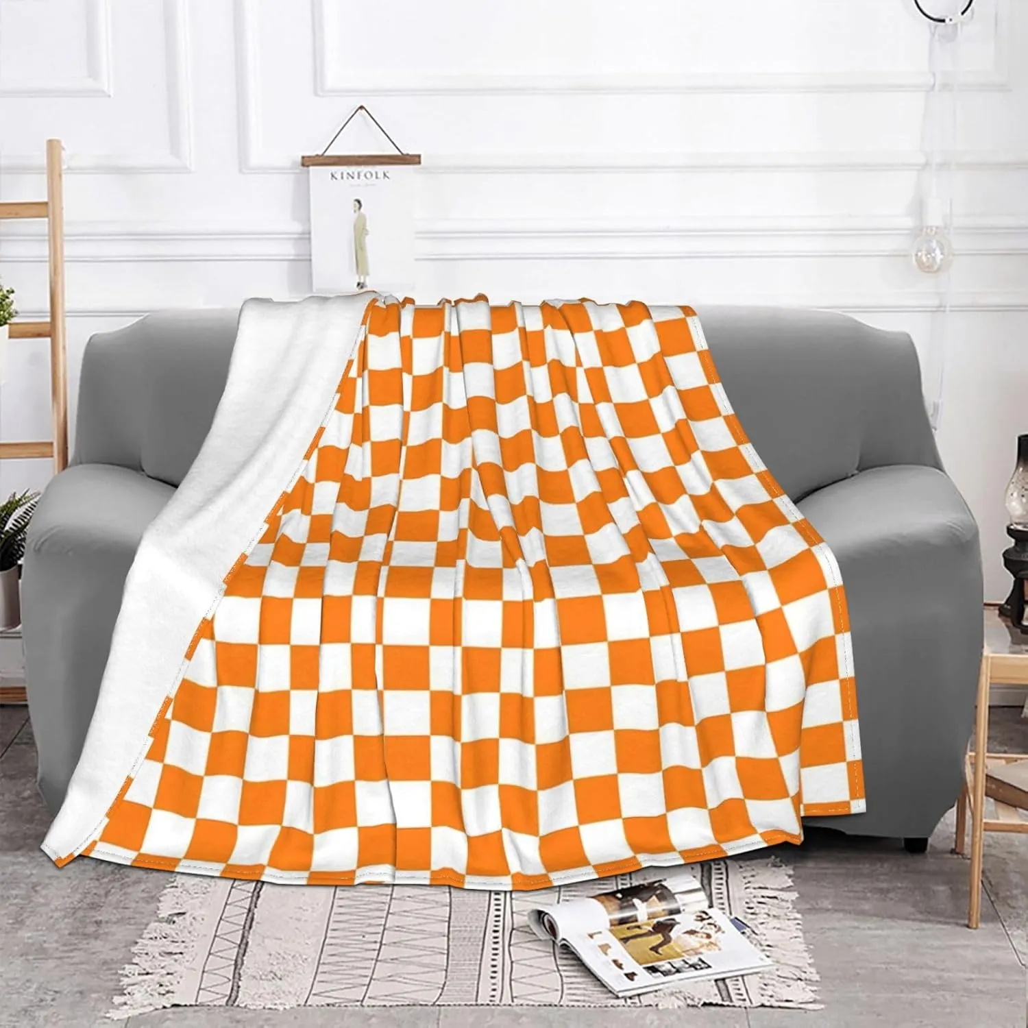 Orange White Checkered Pattern 60"X50" Flannel Blanket - 100% Soft Polyester, Lightweight and Warm, Suitable for Families, Camping, Travel