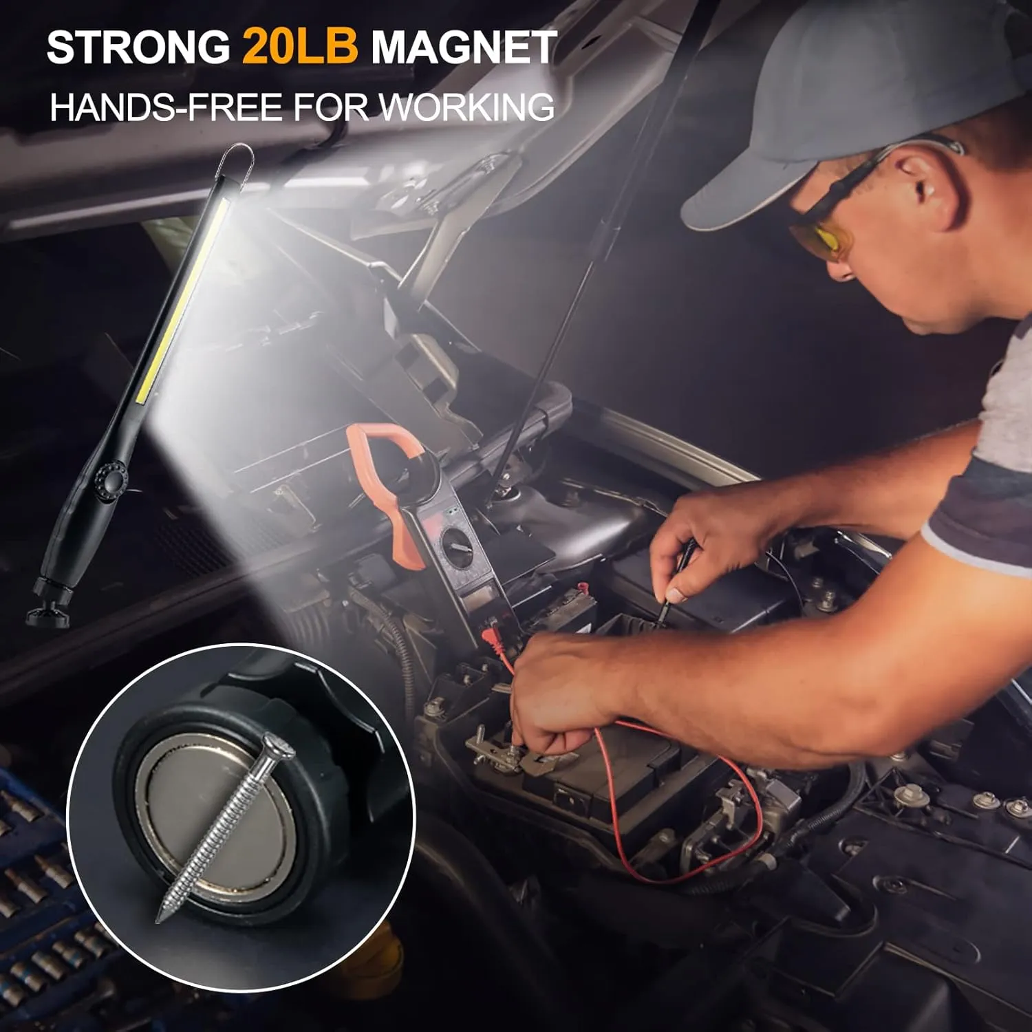 ORHOMELIFE Magnetic LED Work Light, 24" USB Cable, 3300mAh Capacity, 4-Level Power Indicator Lights, 360 Pivoting Base, 20" Pull Force, 72 Hours of Low Brightness