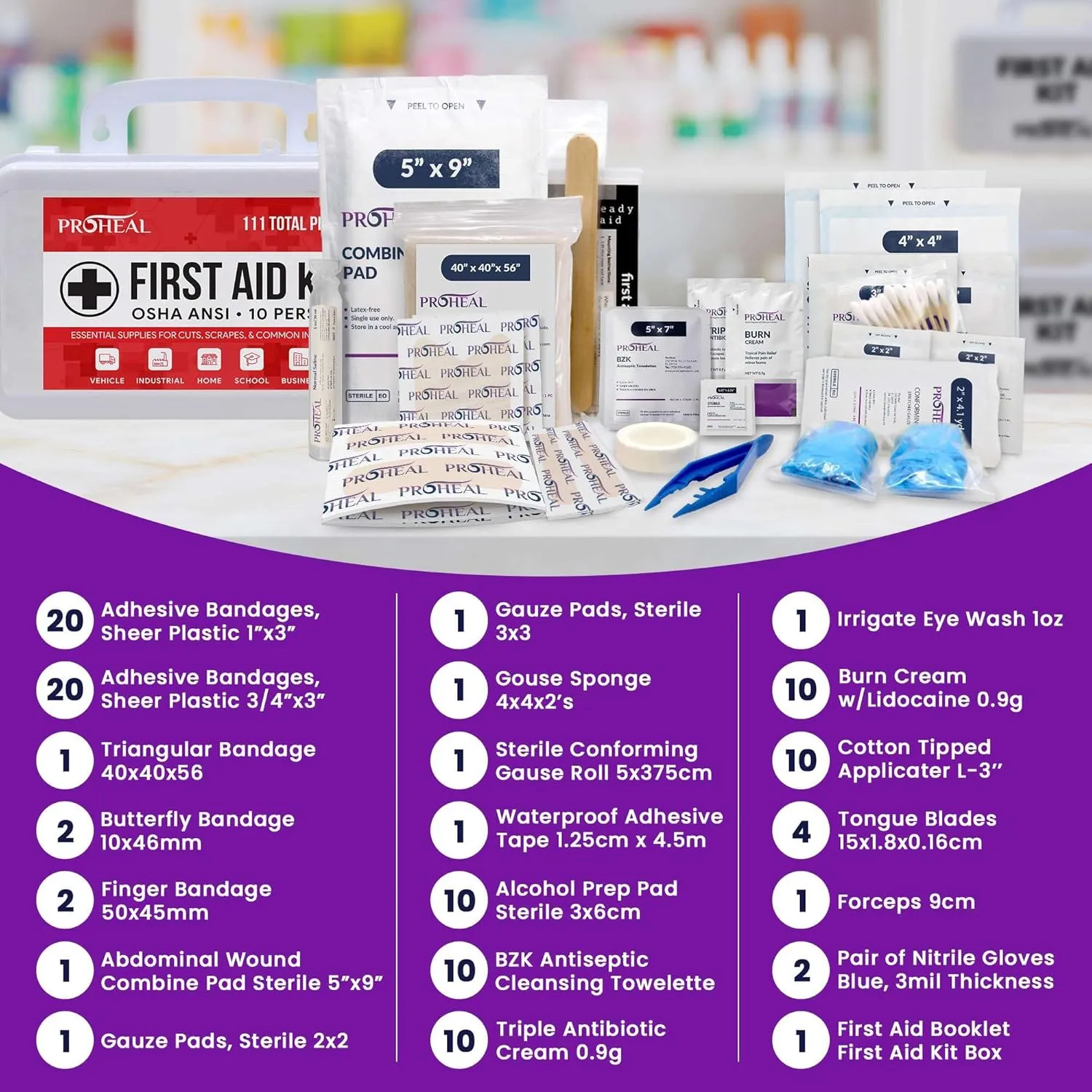 OSHA Compliant First Aid Kit - 10 Person, Type III, ANSI Class A Emergency Kit for Truck, Car, Construction Site - 111 Essential First Aid Supplies