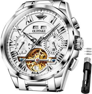 OUPINKE Men Watches Automatic Skeleton Mechanical Luxury Cratch-Resistant Sapphire Mirror Tungsten Steel Strap Luminous Waterproof Calendar Wrist Watch