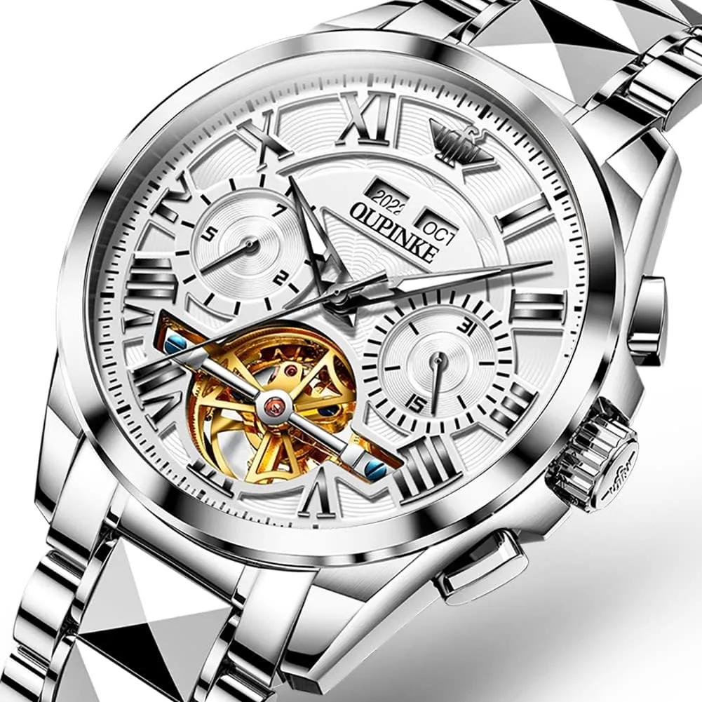OUPINKE Men Watches Automatic Skeleton Mechanical Luxury Cratch-Resistant Sapphire Mirror Tungsten Steel Strap Luminous Waterproof Calendar Wrist Watch