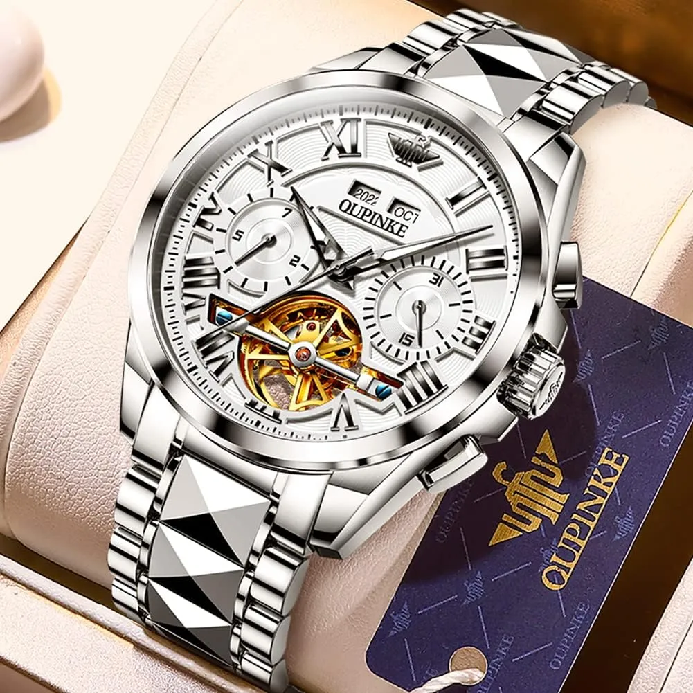 OUPINKE Men Watches Automatic Skeleton Mechanical Luxury Cratch-Resistant Sapphire Mirror Tungsten Steel Strap Luminous Waterproof Calendar Wrist Watch