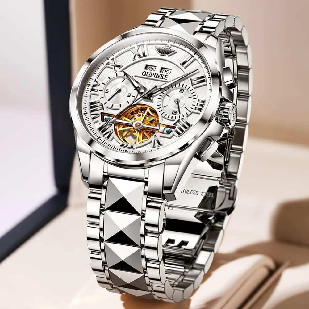 OUPINKE Men Watches Automatic Skeleton Mechanical Luxury Cratch-Resistant Sapphire Mirror Tungsten Steel Strap Luminous Waterproof Calendar Wrist Watch