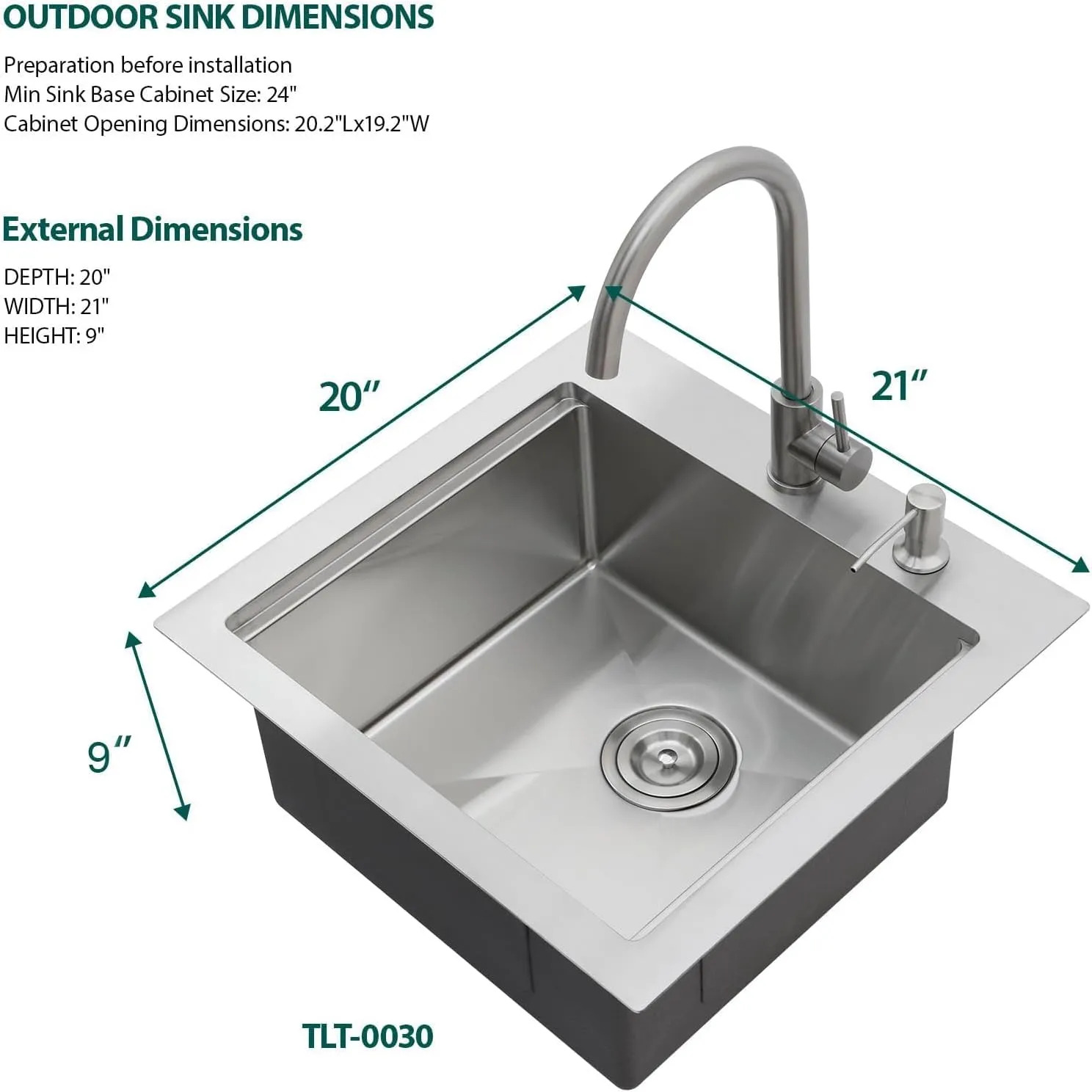 Outdoor Kitchen Sink - 21 x 20 x 9 Inch Outdoor Sink Workstation 16 Gauge Stainless Steel Drop in Kitchen Sinks Single Bowl Small Bar Sinks with Cover #TLT-0030