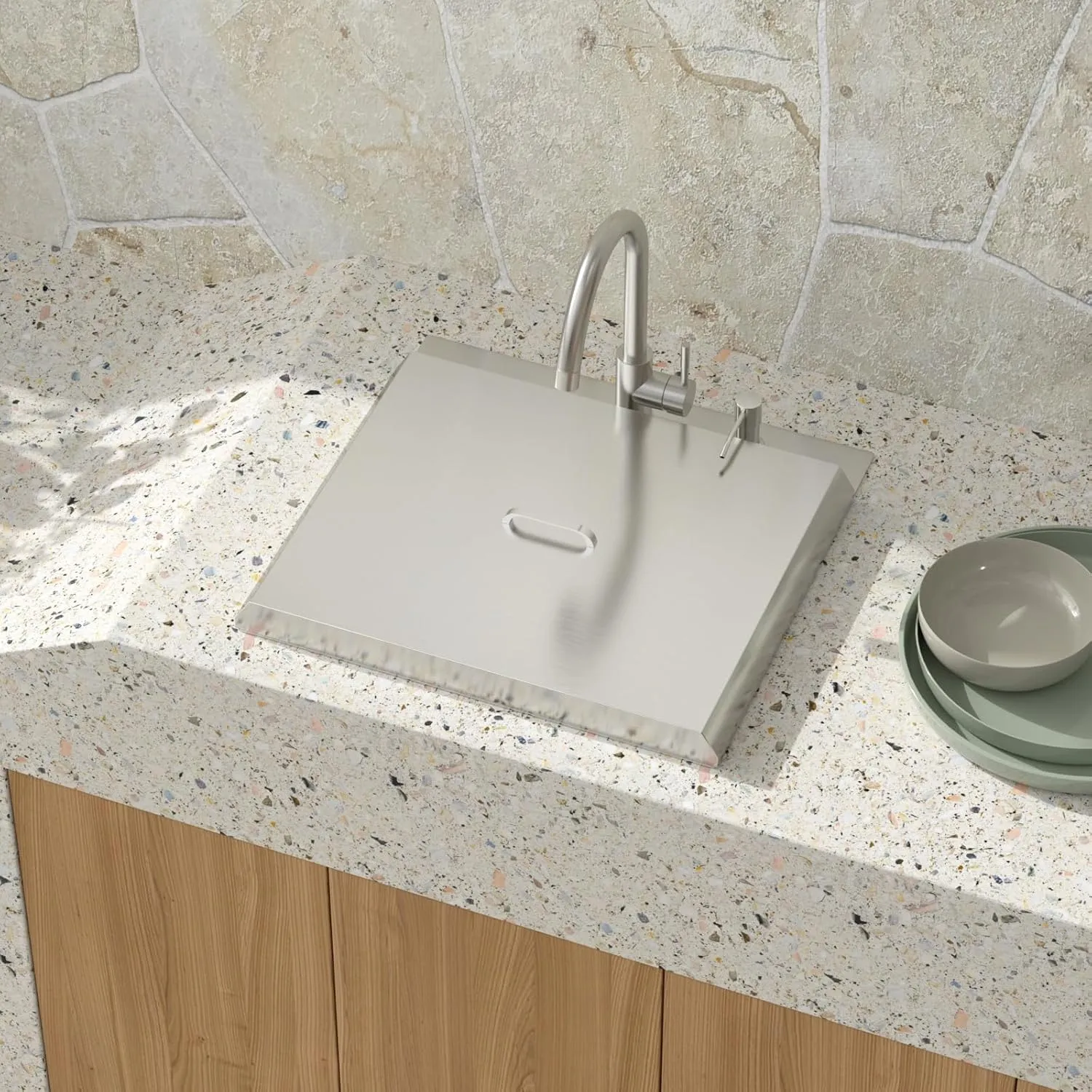 Outdoor Kitchen Sink - 21 x 20 x 9 Inch Outdoor Sink Workstation 16 Gauge Stainless Steel Drop in Kitchen Sinks Single Bowl Small Bar Sinks with Cover #TLT-0030