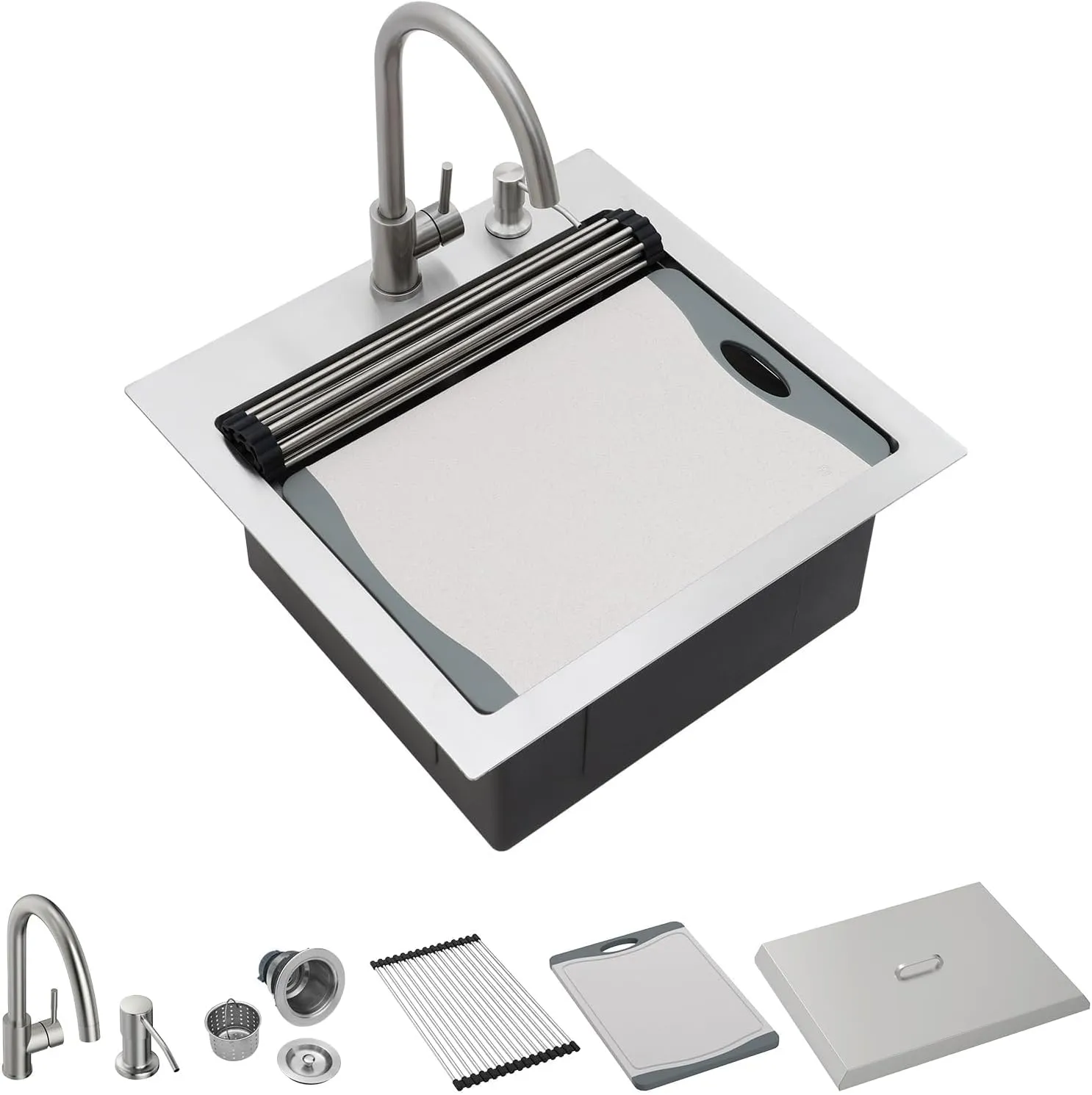 Outdoor Kitchen Sink - 21 x 20 x 9 Inch Outdoor Sink Workstation 16 Gauge Stainless Steel Drop in Kitchen Sinks Single Bowl Small Bar Sinks with Cover #TLT-0030
