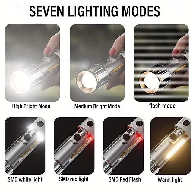 Outdoor LED Dual Light Handheld Flashlight USB Rechargeable Portable Lantern with Battery Indicator with Hook and Magnetic Multiple Lighting Modes for Camping Hiking Outdoors and Emergencies Shustar