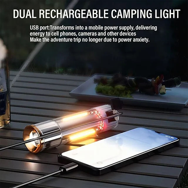 Outdoor LED Dual Light Handheld Flashlight USB Rechargeable Portable Lantern with Battery Indicator with Hook and Magnetic Multiple Lighting Modes for Camping Hiking Outdoors and Emergencies Shustar