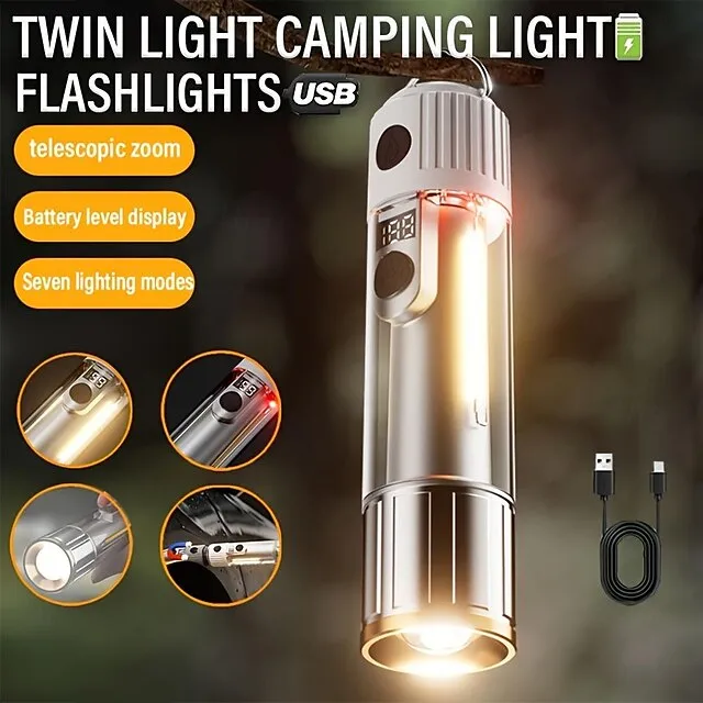 Outdoor LED Dual Light Handheld Flashlight USB Rechargeable Portable Lantern with Battery Indicator with Hook and Magnetic Multiple Lighting Modes for Camping Hiking Outdoors and Emergencies Shustar