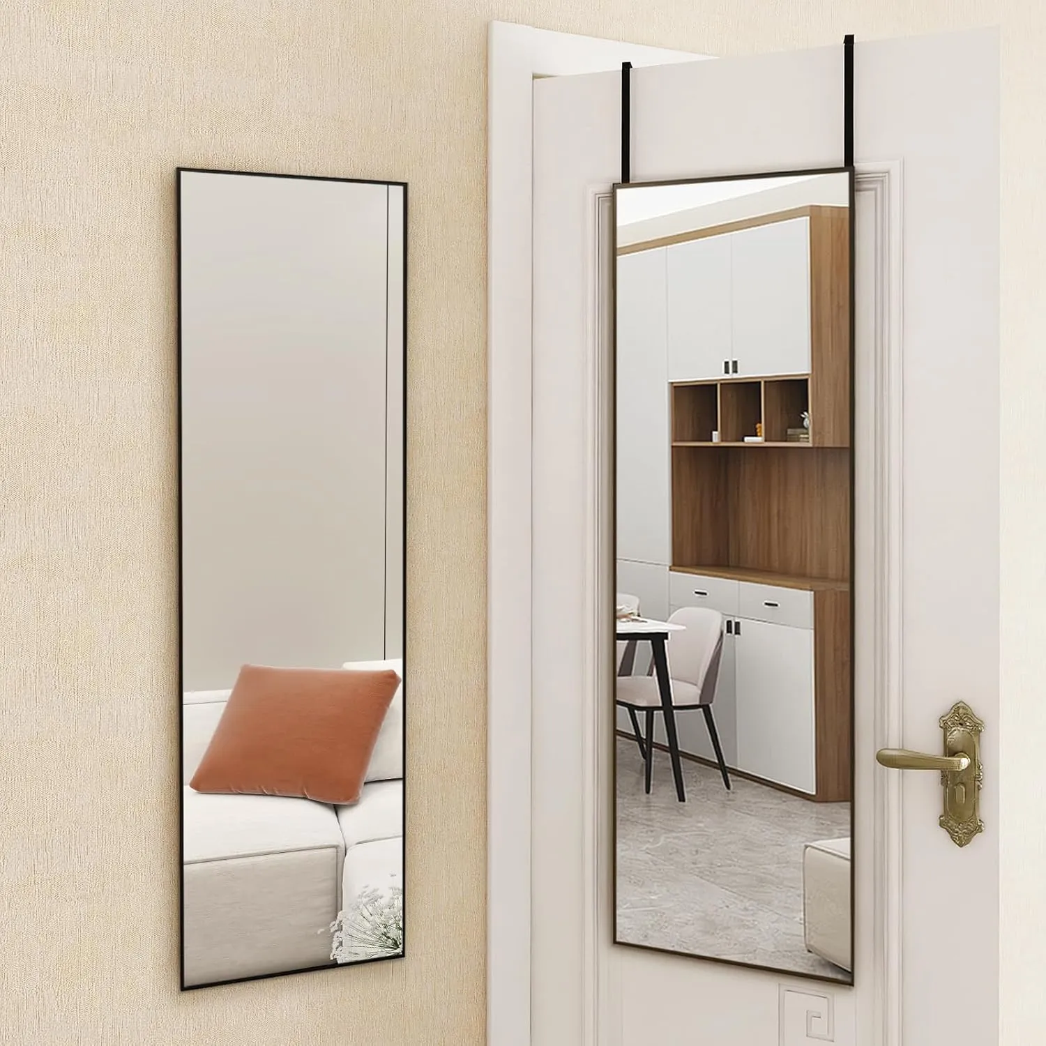 Over The Door Full Length Mirror, 47" x14" Black Full Length Door Hanging Mirror for Bedroom, Living Room, Bathroom and Entrance