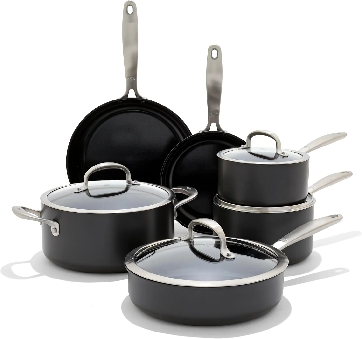 OXO Enhanced 10 Piece Cookware Pots and Pans Set, PFAS-Free Ceramic Nonstick, Durable Hard Anodized Cookware, Scratch Resistant, Stainless Steel Handle, Good Grips, Dishwasher Safe, Oven safe, Black