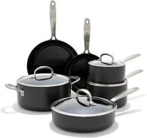 OXO Enhanced 10 Piece Cookware Pots and Pans Set, PFAS-Free Ceramic Nonstick, Durable Hard Anodized Cookware, Scratch Resistant, Stainless Steel Handle, Good Grips, Dishwasher Safe, Oven safe, Black
