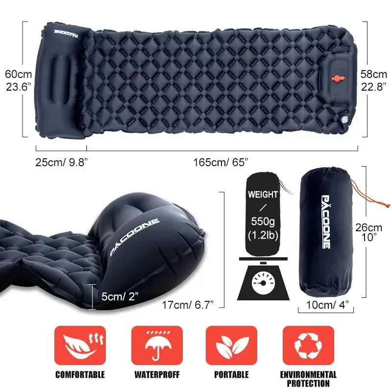 PACOONE Ultralight Inflatable Camping Mattress with Built-in Pump and Pillow