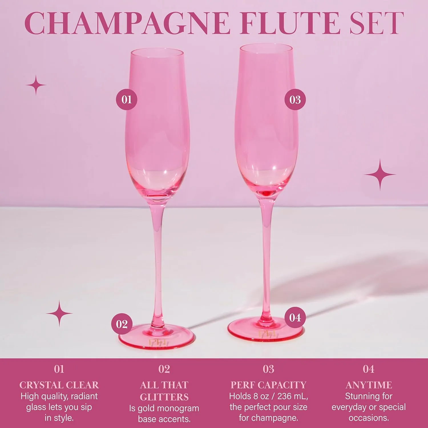 Paris Hilton Champagne Flute Set, Handmade Glass Collection in Paris Signature Pink, Perfect for Parties and Special Occasions, Serve Champagne, Prosecco, Mimosas and More, 8-Ounce, 2-Piece Set, Pink