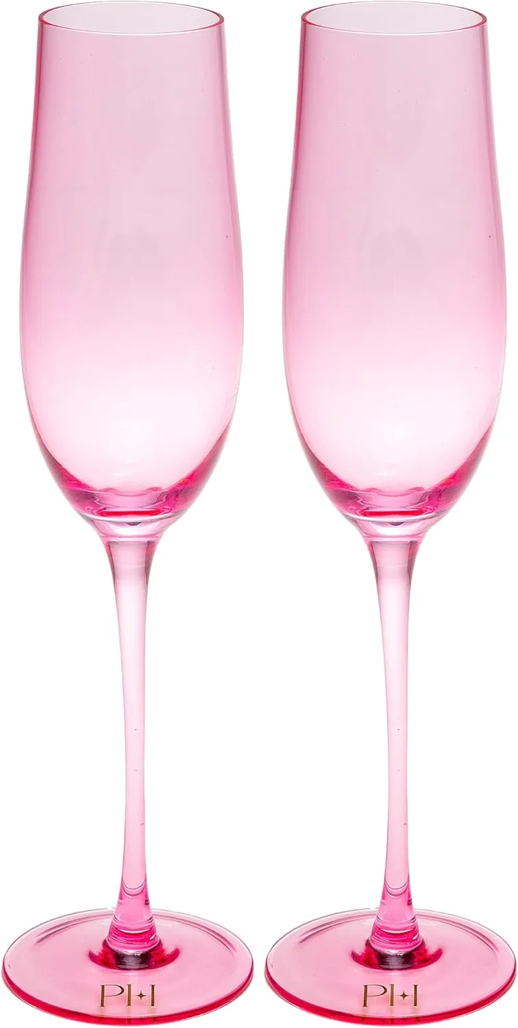 Paris Hilton Champagne Flute Set, Handmade Glass Collection in Paris Signature Pink, Perfect for Parties and Special Occasions, Serve Champagne, Prosecco, Mimosas and More, 8-Ounce, 2-Piece Set, Pink
