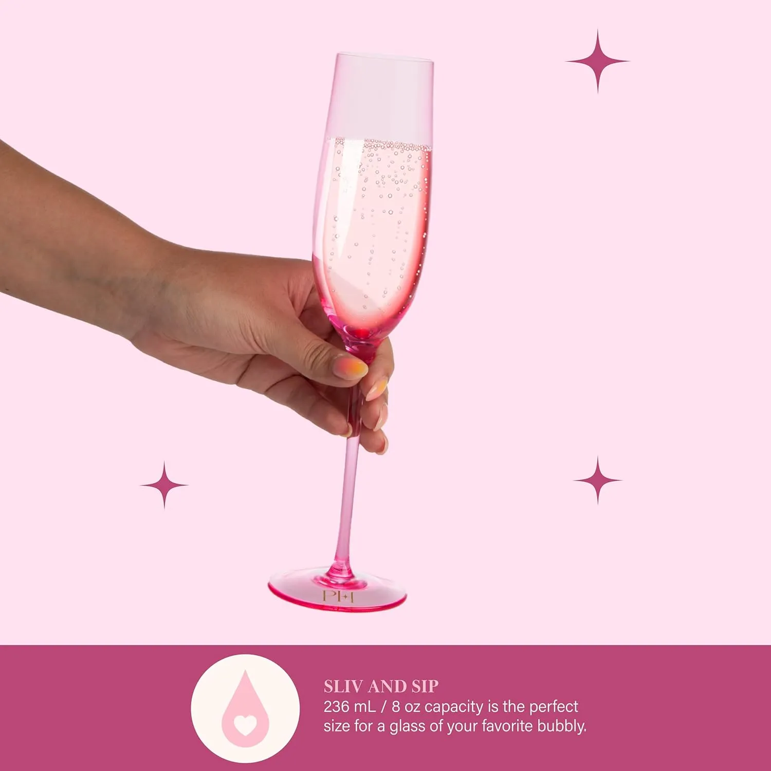 Paris Hilton Champagne Flute Set, Handmade Glass Collection in Paris Signature Pink, Perfect for Parties and Special Occasions, Serve Champagne, Prosecco, Mimosas and More, 8-Ounce, 2-Piece Set, Pink