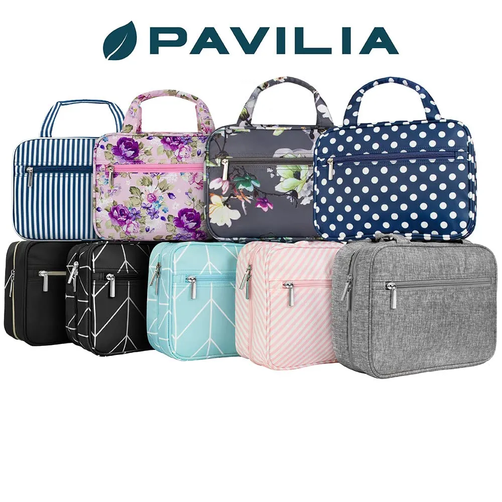 PAVILIA Hanging Toiletry Bag Travel Bag Women Men, Foldable Cosmetic Organizer, Roll up Makeup Bag, Water Resistant Accessories Toiletries, Large Travel Essentials Kit (Navy Stripe)