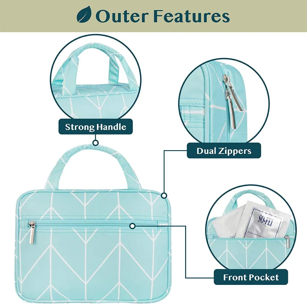 PAVILIA Hanging Toiletry Bag Travel Bag Women Men, Foldable Cosmetic Organizer, Roll up Makeup Bag, Water Resistant Accessories Toiletries, Large Travel Essentials Kit (Teal Chevron)