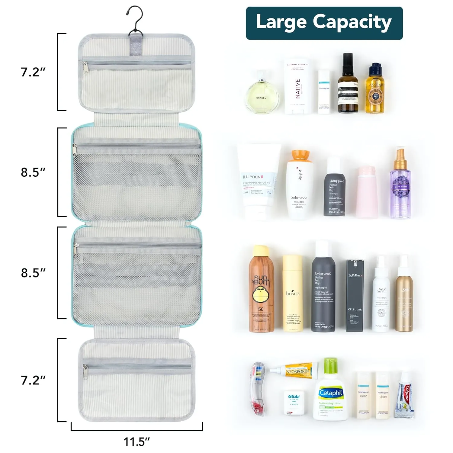 PAVILIA Hanging Toiletry Bag Travel Bag Women Men, Foldable Cosmetic Organizer, Roll up Makeup Bag, Water Resistant Accessories Toiletries, Large Travel Essentials Kit (Teal Chevron)
