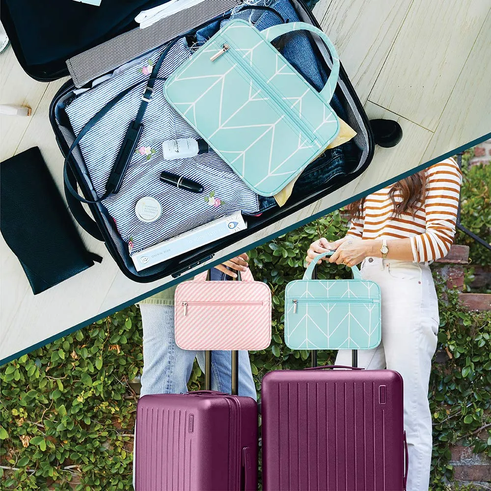 PAVILIA Hanging Toiletry Bag Travel Bag Women Men, Foldable Cosmetic Organizer, Roll up Makeup Bag, Water Resistant Accessories Toiletries, Large Travel Essentials Kit (Teal Chevron)