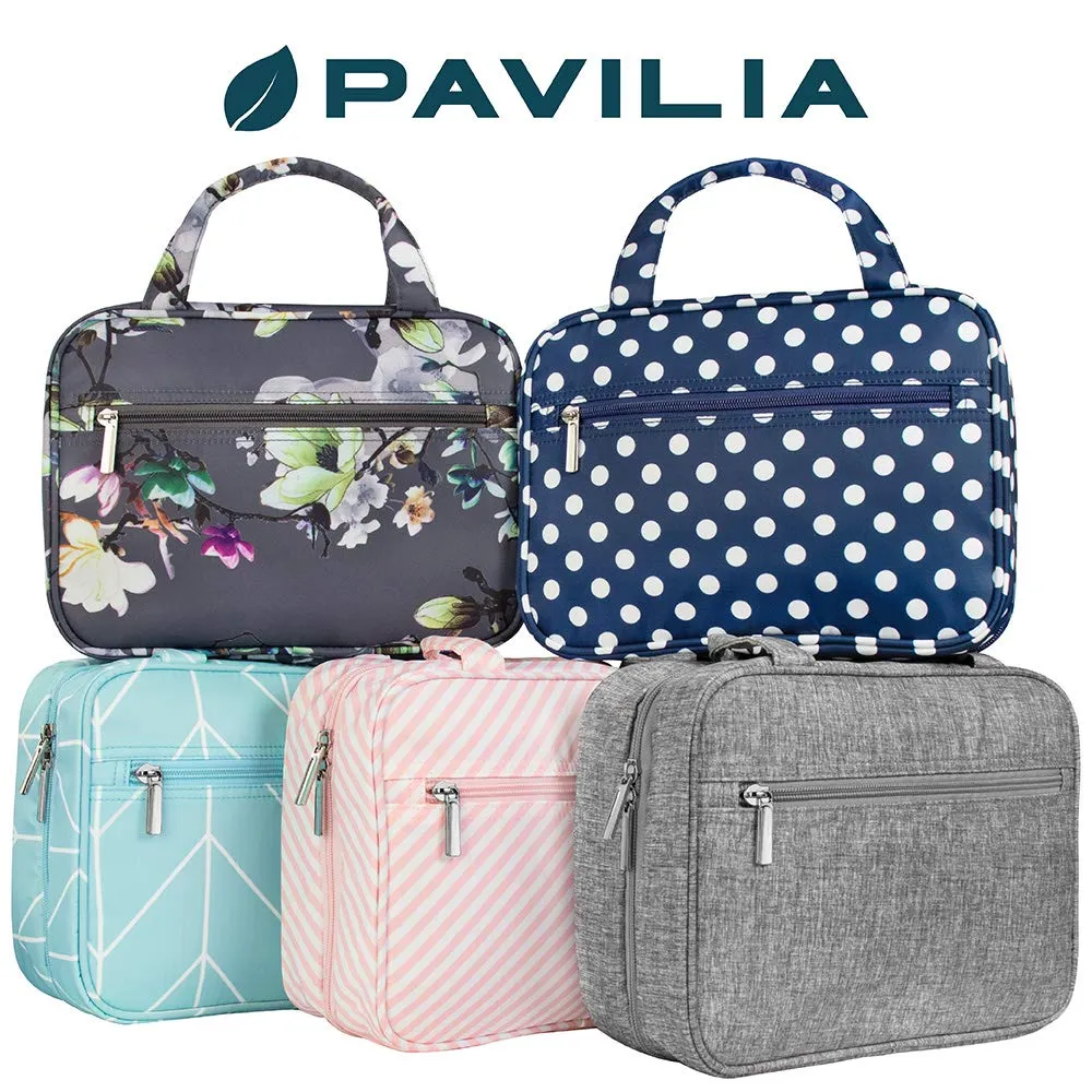 PAVILIA Hanging Toiletry Bag Travel Bag Women Men, Foldable Cosmetic Organizer, Roll up Makeup Bag, Water Resistant Accessories Toiletries, Large Travel Essentials Kit (Teal Chevron)