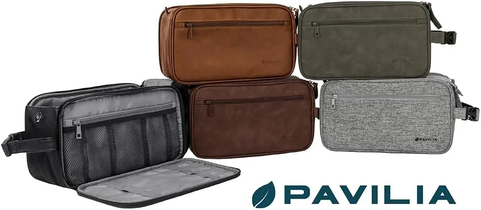 PAVILIA Toiletry Bag for Men, Travel Essentials Shaving Dopp Kit, Mens Travel Bag Toiletries Organizer Case for Grooming, PU Leather Water Resistant Cosmetic Bag Pouch (XL, Dark Brown)