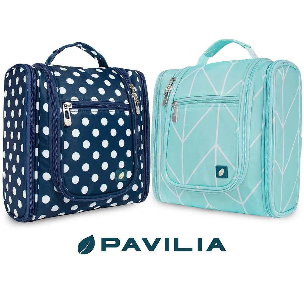PAVILIA Toiletry Bag Travel Bag for Women Men, Hanging Cosmetic Organizer, Water Resistant Makeup Bag for Accessories Toiletries, Large Travel Essentials Kit (Teal Chevron)