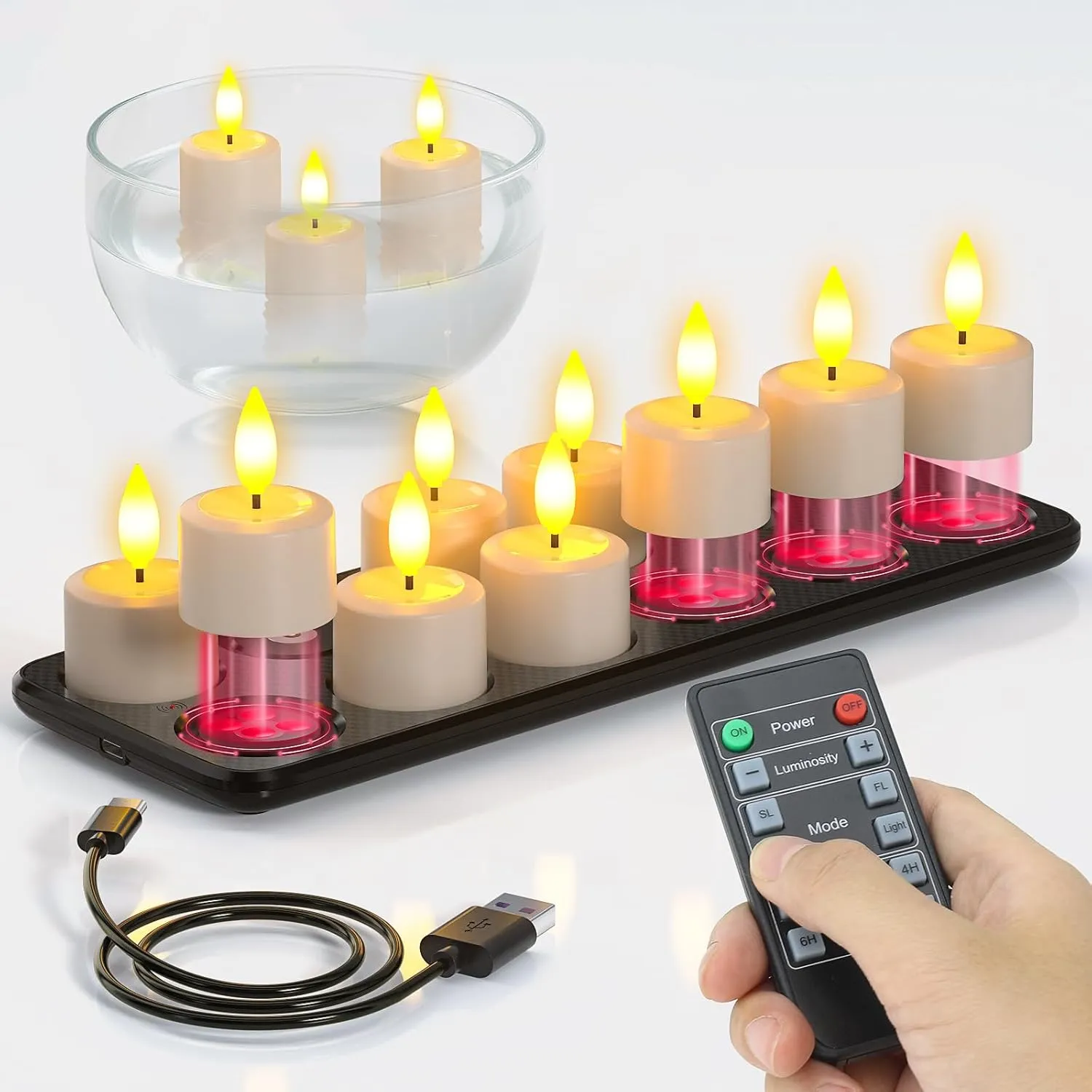 PChero Flameless Candles with Remote Timer & Magnetic Charging Base, 12 Pack Waterproof Rechargeable LED Tea Lights Fake Floating Candles for Pool Outdoor Lantern Wedding Centerpieces Christmas Decor
