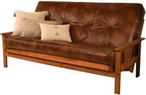 Pemberly Row 75" Traditional Full-Size Faux Leather Futon Mattress with Hinged Innerspring, Foam Construction, in Saddle Brown Finish, Frame Not Included