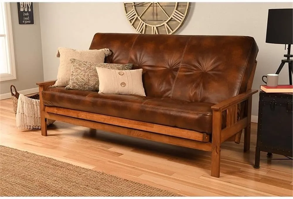 Pemberly Row 75" Traditional Full-Size Faux Leather Futon Mattress with Hinged Innerspring, Foam Construction, in Saddle Brown Finish, Frame Not Included