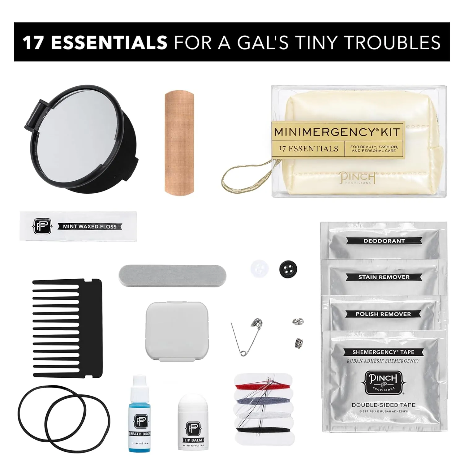 Pinch Provisions Ivory Puffer Minimergency Kit, Includes 17 Travel-Sized Cosmetic Essentials, Convenient for Purses, Emergency Beauty Accessories, Gifts for Holiday’s & Birthday’s